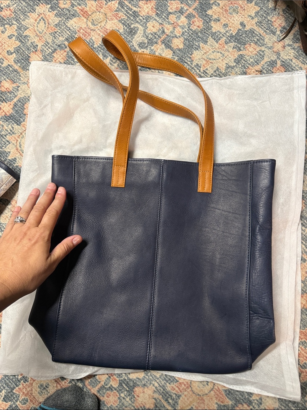 Navy Leather Tote with Tan Handles